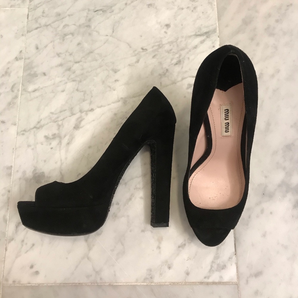 MIUMIU open toe pumps with black glitter in arch
